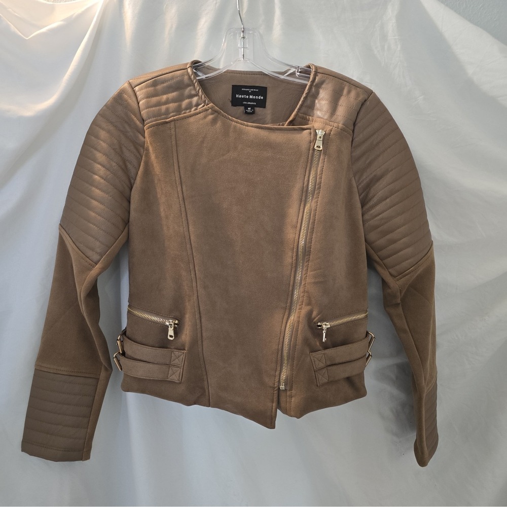 Haute Monde Mixed Media Faux Suede Crop Moto Jacket Camel Brown W/Gold Buckles M